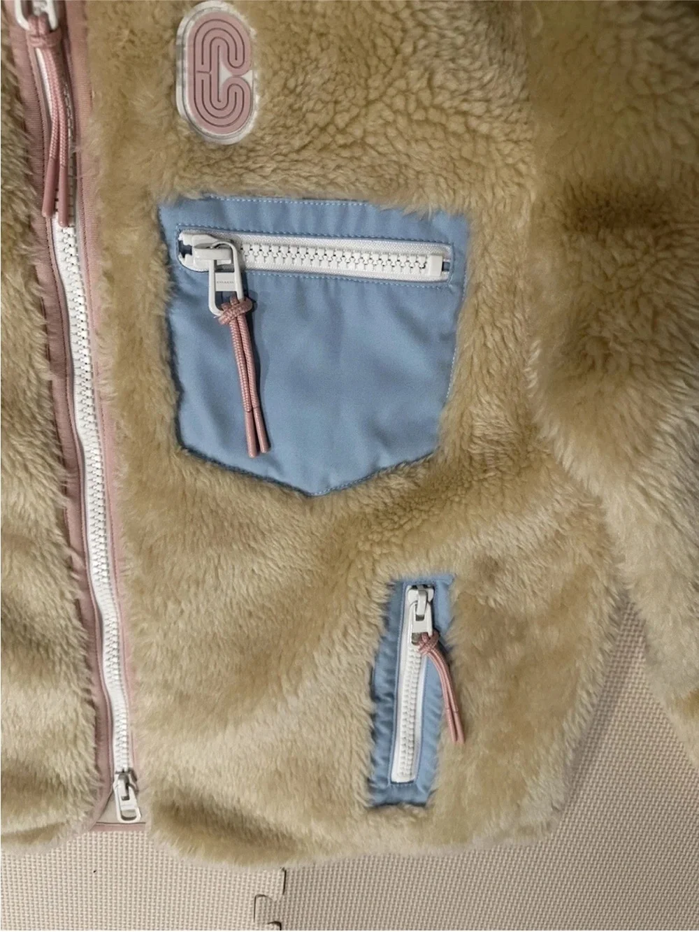 Coach 4584 Sherpa Fleece Zip Jacket, Colorblock Trim Retro Oval C Logo Gorpcore
